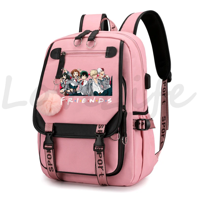 My Hero Academia Friends Print zaino Usb zainetto da viaggio femminile zaino Anime Boku No Hero Academia School Bag per adolescenti