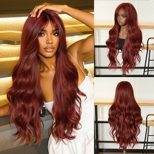 Pelucas sintéticas rojas con ondas largas para mujer, peluca de pelo Natural ondulado, pelucas para fiesta de Cosplay diarias, fibra resistente al calor