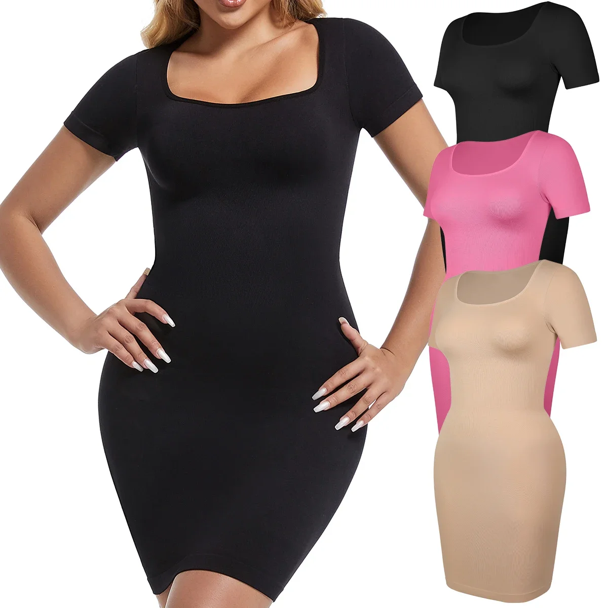 قصيرة الأكمام ملابس داخلية زلة للنساء تحت فستان زلات كاملة فستان البطن تحكم بروتيل محدد شكل الجسم سلس مشد الملابس الداخلية