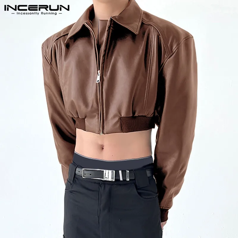 Fashion Men Jackets PU Leather Solid Lapel Long Sleeve Autumn Crop Coats Men Streetwear 2023 Zipper Casual Outerwear INCERUN