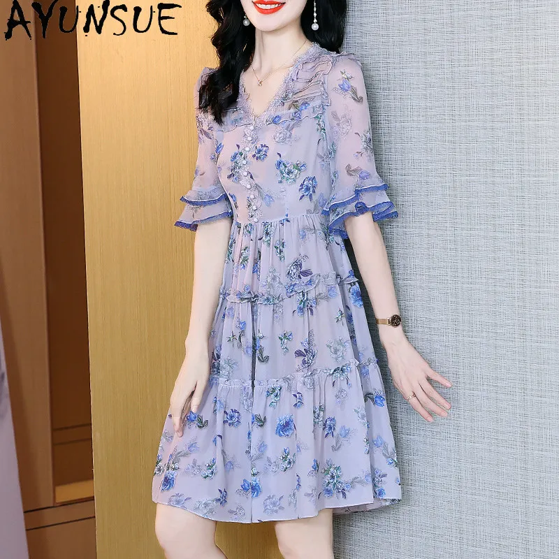 AYUNSUE 100% Natural Mulberry Silk Summer Dress Elegant Dresses for Women Fashion Female Clothing Floral Vestidos De Mujer