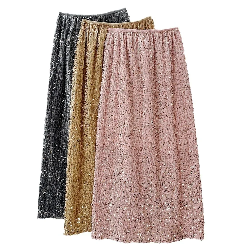 Velvet Sequins Midi Skirts Women\'s Hip Wrap Skirt Shiny Retro Straight Medium and Long Skirt Autumn Winter Straight Faldas OOTD