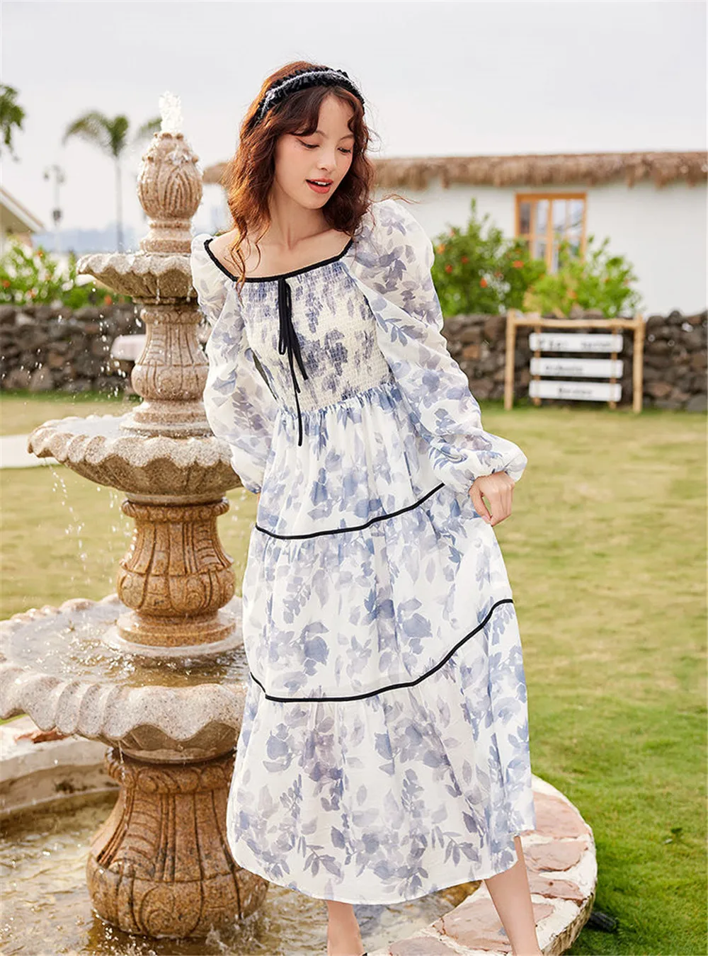 Woman Clothingformal DressesSwim Dream Jiangnan 2024 Spring And Autumn New Chinese Style Ink Printing Ribbon Square Collar Dress