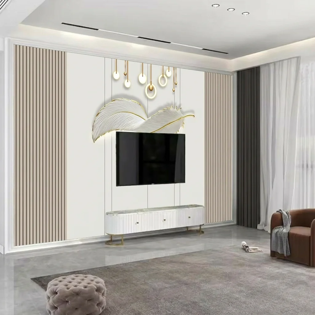 Modern light luxury feather pattern, gold circular rings, and vertical grilles, background image, self-adhesive material.