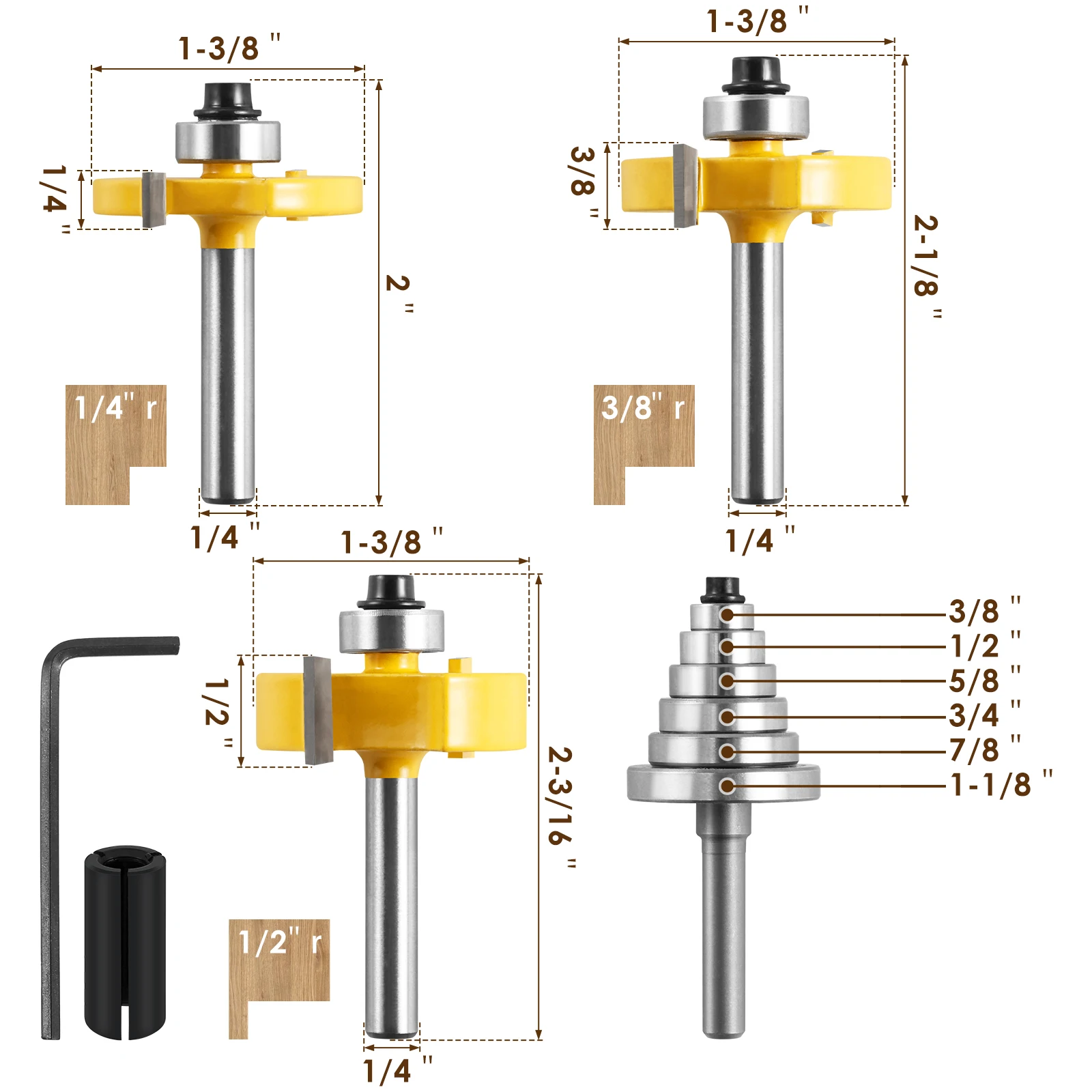 Set di punte per Router Rabbet punta per Router multifunzionale con gambo da 1/4 pollici con 6 cuscinetti intercambiabili leggeri