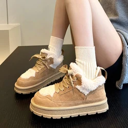 2024 Winter New Women's Keep Warm Cotton Shoes Fashion Platform Lace Up Low Top Sneakers Women Casual Plus Velvet Snow Boots