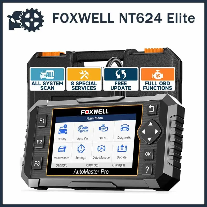 

Автомобильный сканер FOXWELL NT624 Elite OBD2, инструмент для всех систем, 8 сбросов, Автомобильные диагностические инструменты, OBD2 сканер, считыватель кодов, автоматический сканер