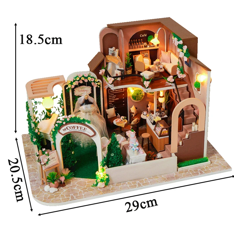 DIY Wooden Doll Houses Wedding Coffee Shop Casa Miniature Building Kit Villa Dollhouse with Furniture Led Light for Girls Gifts