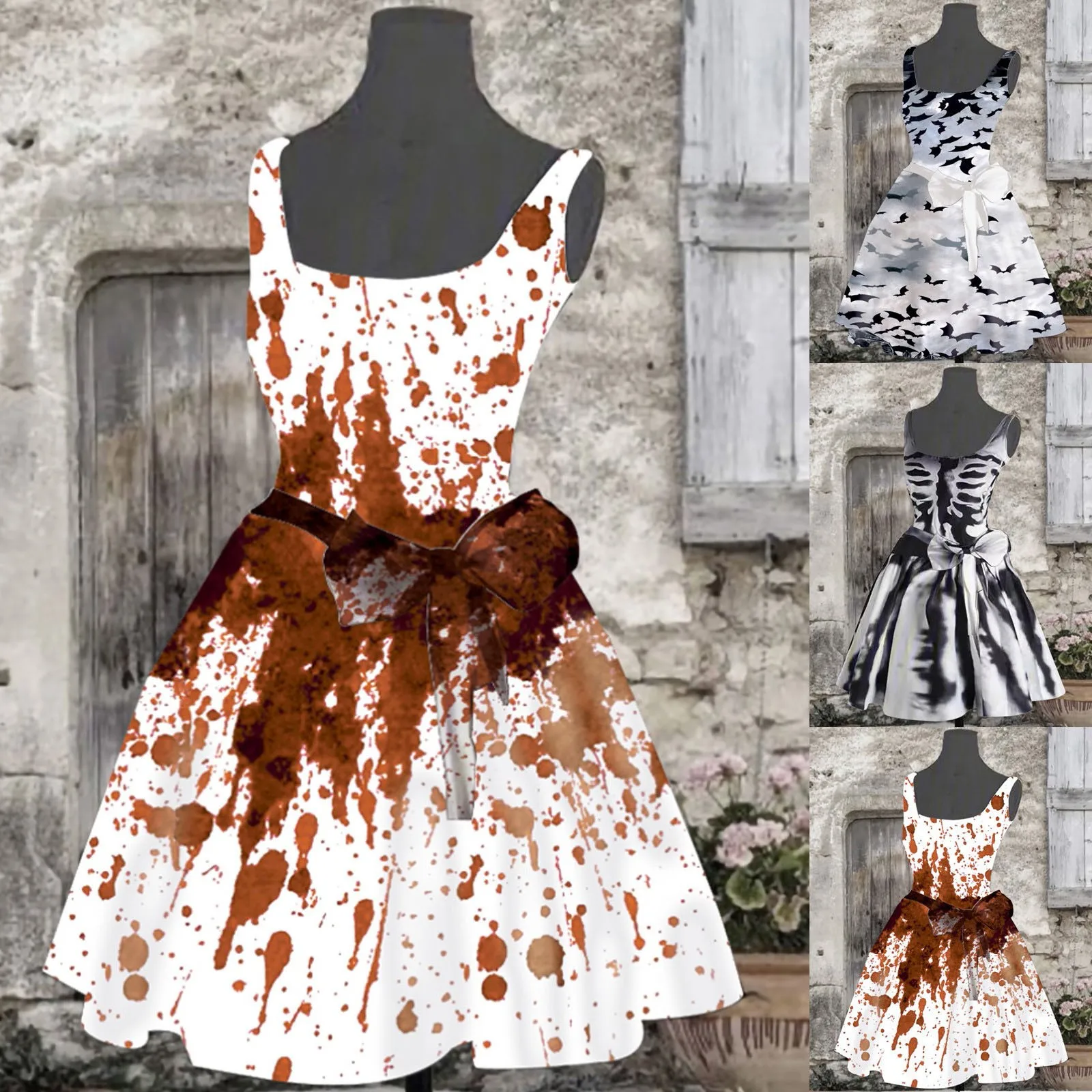 

Halloween Bloody Tie-Dye Horror Ghost Bride Vampire Cosplay Costume For Women Sleeveless Blood Stain Sundress Masquerade Vestido