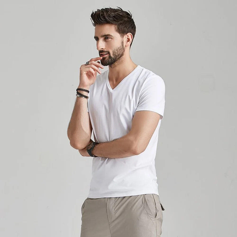 Summer Fashion Luxury Brand T-Shirts for Men with V-Neck Short Sleeves and Ice Silk Modal Fabric Gym Golf Clothing Men Tops