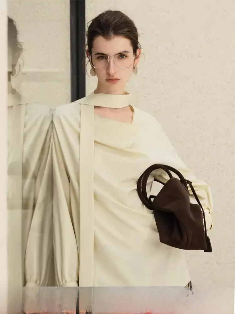 

Элегантная однотонная рубашка с V-образным вырезом и поясом Van Slane, осенняя коллекция 2025, новинка, французский стиль, свободный крой, женская рубашка