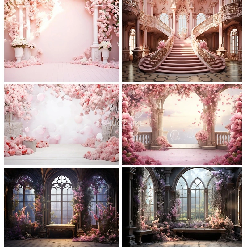 Romantic Fantasy Wedding Gate Bouquet Deco Photography Backdrop Props Archway With Flowers Palace Photo Studio Background HHL-04