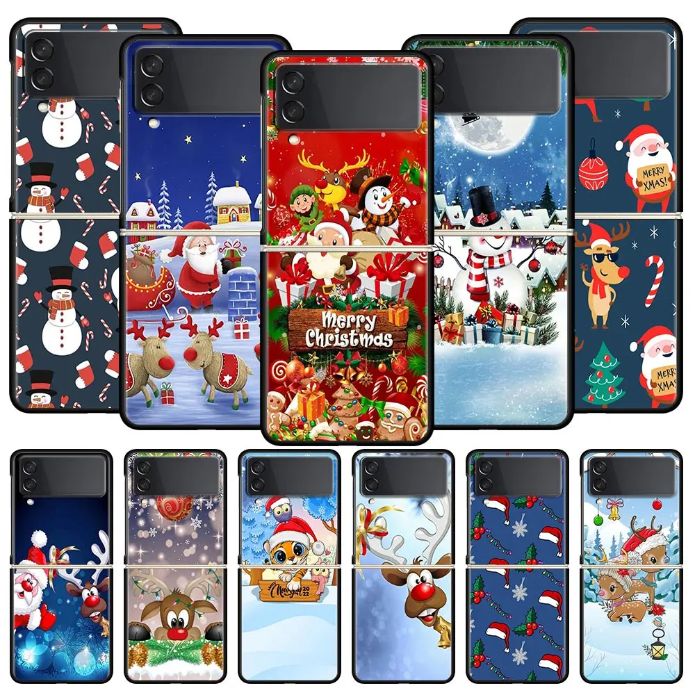 Merry Christmas Z Flip 4 Phone Case For Samsung Z Flip 3 5G Black Hard Shell Galaxy ZFlip3 ZFlip5 Cover Folding Luxury Coque