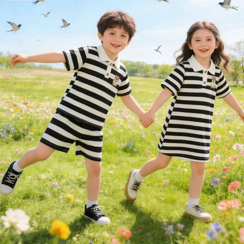 Disfraces Familiares para Niños, Camiseta de Verano a Rayas, Ropa Corta para Bebé Niño, Chándal, Ropa Informal para Niña con Dibujos Animados de Oso, Ropa para Niña de 1er Cumpleaños