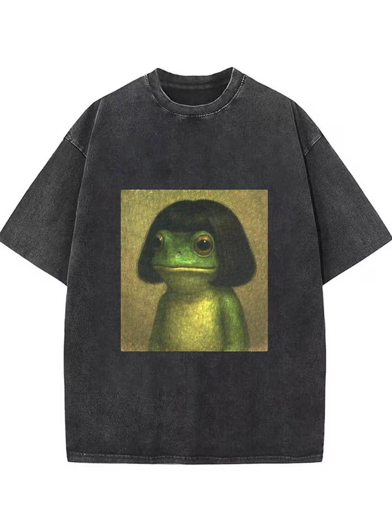 Funny Bob Haircut Frog Meme Graphic T-Shirt,Oversized Retro Washed Tee For Men Women Travel Daily Vacation Casual Street Outfits