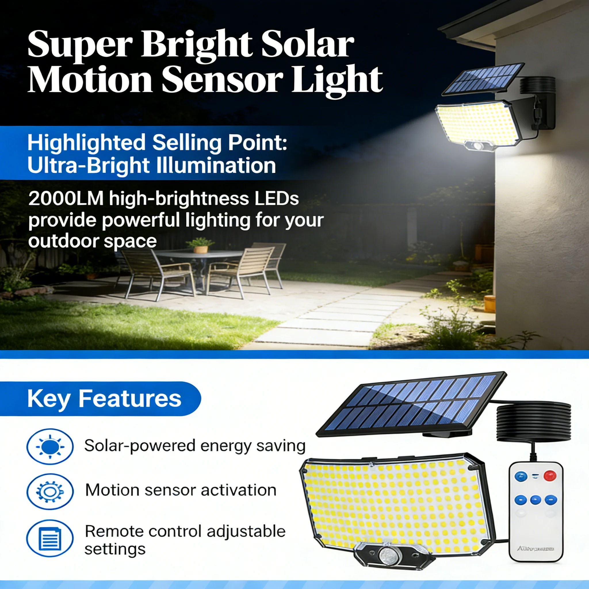 

Solar Motion Sensor Light Outdoor 234 LED Waterproof Security Flood Lamp with 3 Modes, Remote Control, Large Battery