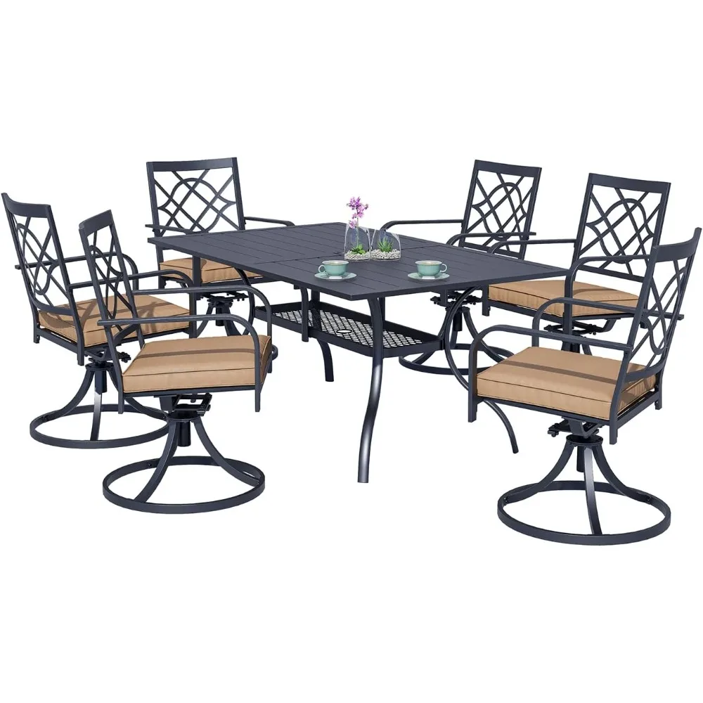 7-Piece Metal Outdoor Furniture Patio Dining Set, 6 Metal Swivel Chairs and  Dinner Table with Umbrella Hole, Dining Table Set