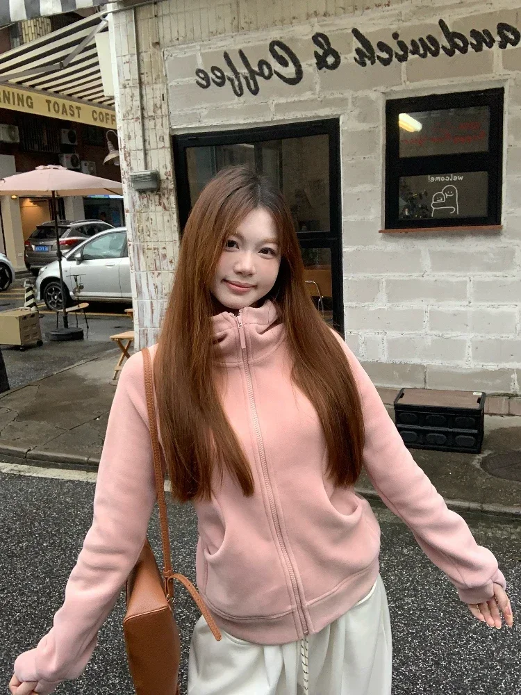 ADAgirl Solid Fleece Zip Up Hoodies for Women Slim Pink Sweatshirt Female Korean Style Long Sleeve Design Autumn Winter Clothes