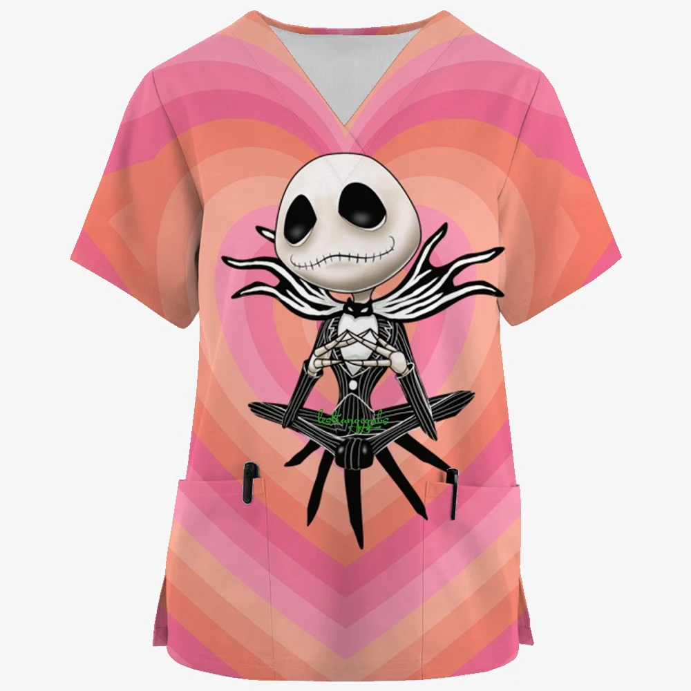 

Halloween Women's T-shirts V-Neck Working Uniform for Women 3D Print Tops Nurse Uniform, The Nightmare Before Blouse Pocket Work