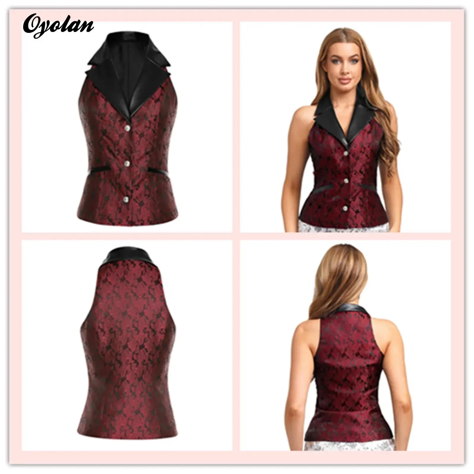

Womens Retro Jacquard Waistcoat Leather Notch Lapel Vest Medieval Vintage Renaissance Gothic Costume Steampunk Slim-fit Vest