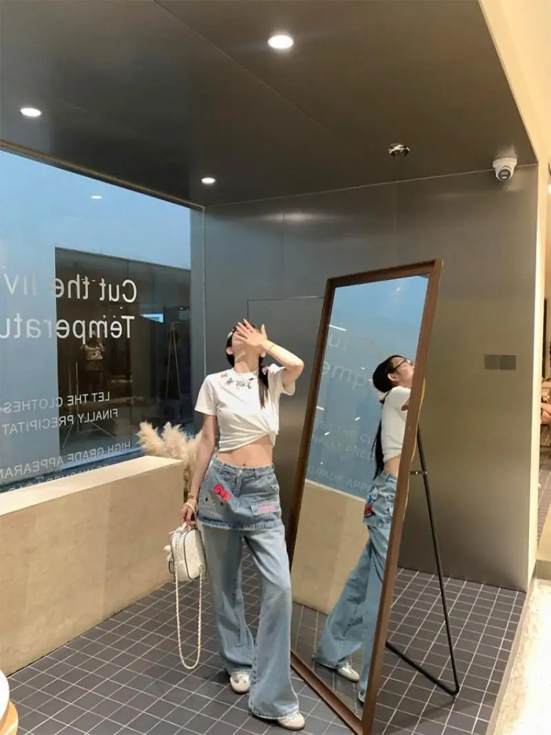 

Джинсы Sanrio Y2K Hello Kitty в американском стиле с принтом Kitty Two Fakes Fart Джинсы с занавеской Летние новые модные прямые брюки