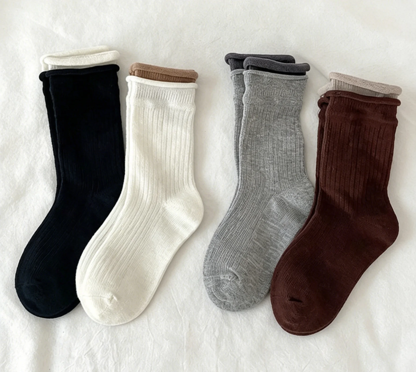 4 Pairs Children's Girls Cotton Combed Solid Color Socks Comfortable Soft Simple Casual Rolled up Design