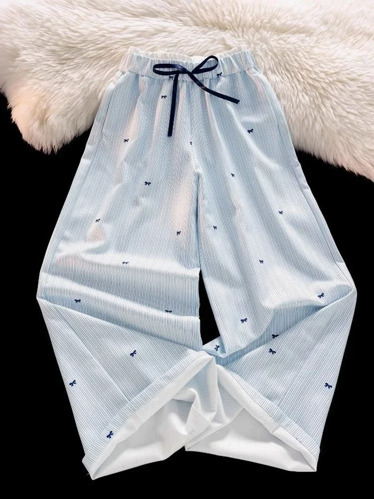 스윗 보우 스트라이프 팬츠 여성 하이웨이스트 한국 캐주얼 와이드 레그 트라우저 우아한 패션 루즈 귀여운 여성 봄 바지 신상