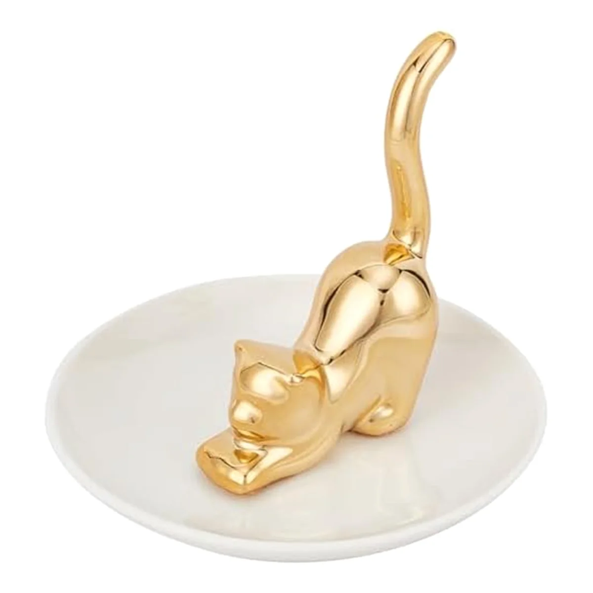ABLK Cats Posture Ring Holder Golden Kitty Tail Dish Jewelry Tray Ring Round Dishes Trinket Tray Ceramic Jewelry Storage Home