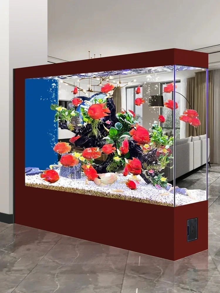 

New living room, porch, floor to ceiling partition, ultra white glass screen, fish tank, ecological aquarium