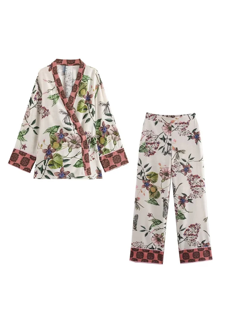 

2024 European and American style new women's clothing fashionable floral print kimono top pants suit