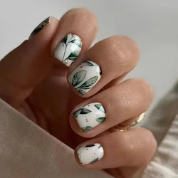 24Pcs Retro False Nails with Glue Green Leaves Design Fake Nails Short Square Press on Nail Tips Wearable Finished Manicure