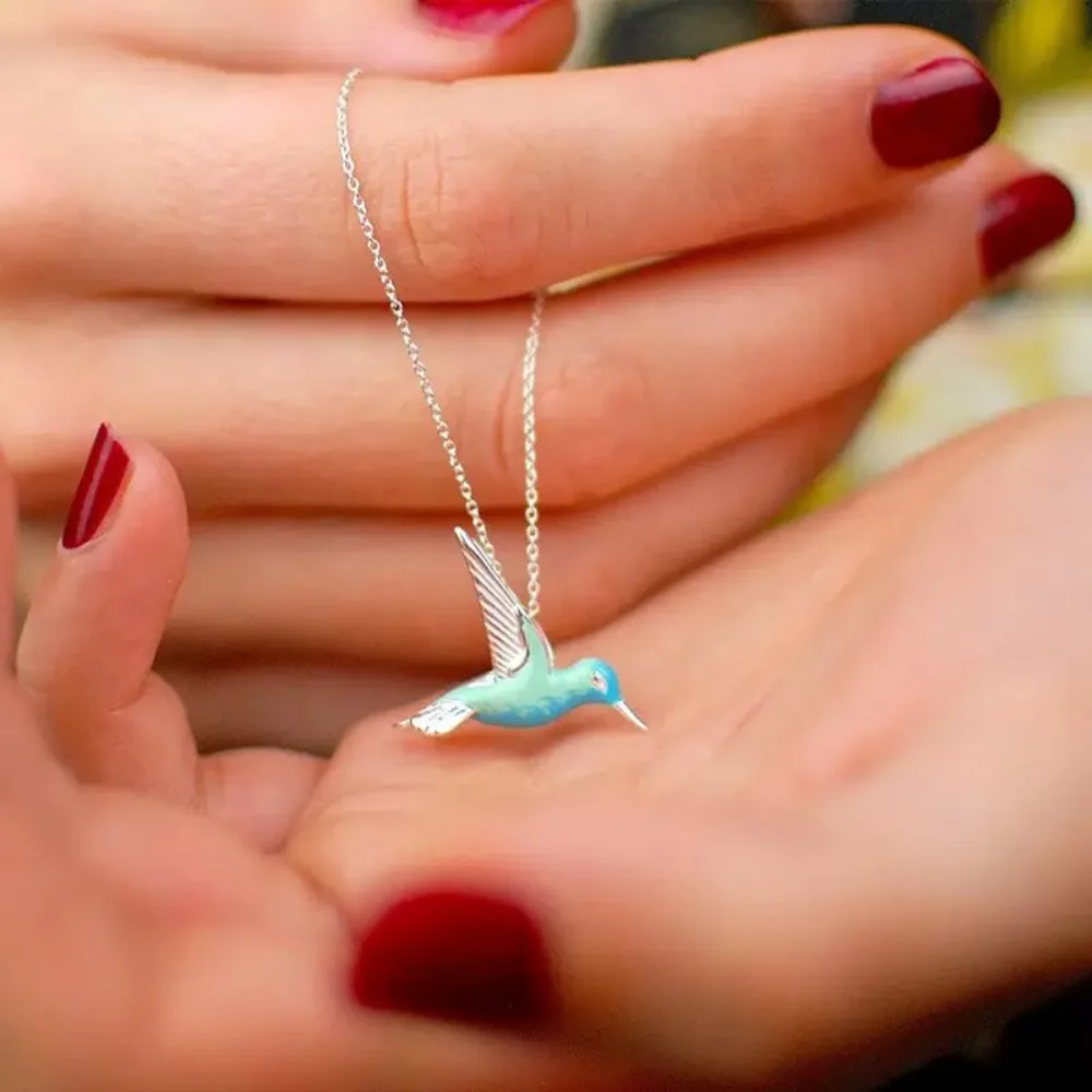 Cute Exquisite Enamel Blue Gradient Mini Hummingbird Pendant Necklace Earrings Set for Women Bohemian Fashion Bird Jewelry Sets