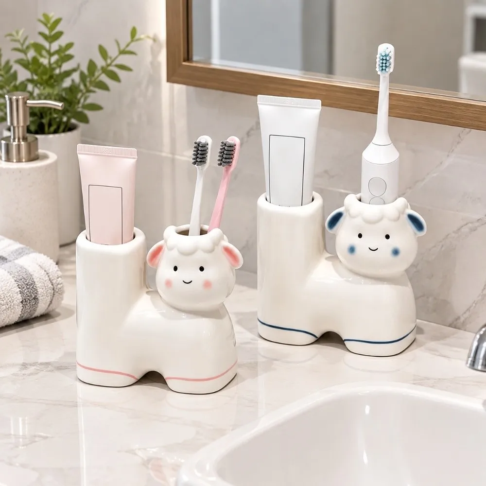 Ceramic Sheep Shaped Toothbrush Holder Cartoon Creative Toothbrush Storage Rack Cute Stable Toothpaste Toothbrush Rack