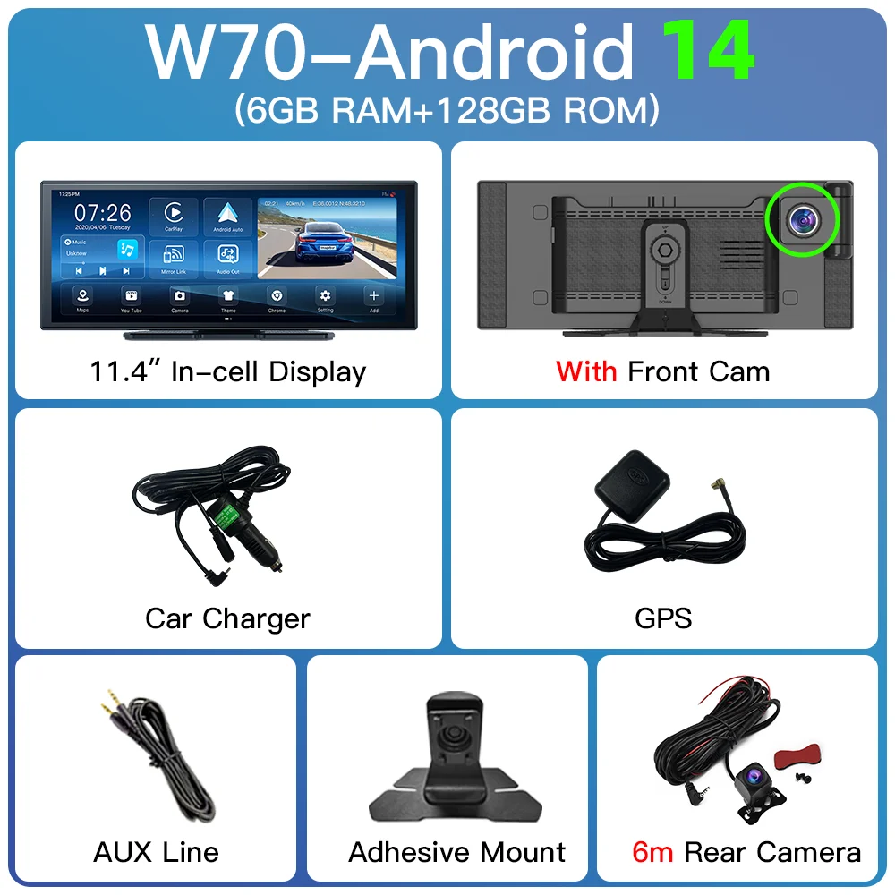 Imagebon W70 11.4 "Android 14 6 + 128G 8 Core Dashcam Draadloze CarPlay & Android Auto Youtube Google Play Dual Lens GPS Auto DVR