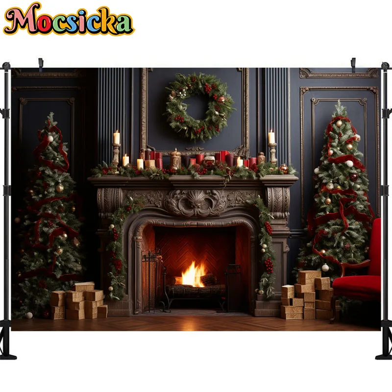 Mocsicka-Natal Lareira Backdrop para Fotografia, interior Props, Xmas Tree, Janela, Girl Photo Background, Wallpaper Decoração