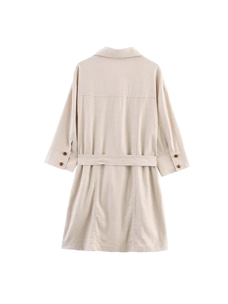 2025 ผู้หญิงฤดูร้อนมินิเสื้อแฟชั่น V คอเข็มขัดแขนยาวหญิง Elegant Street ผ้าลินินชุดเสื้อผ้า