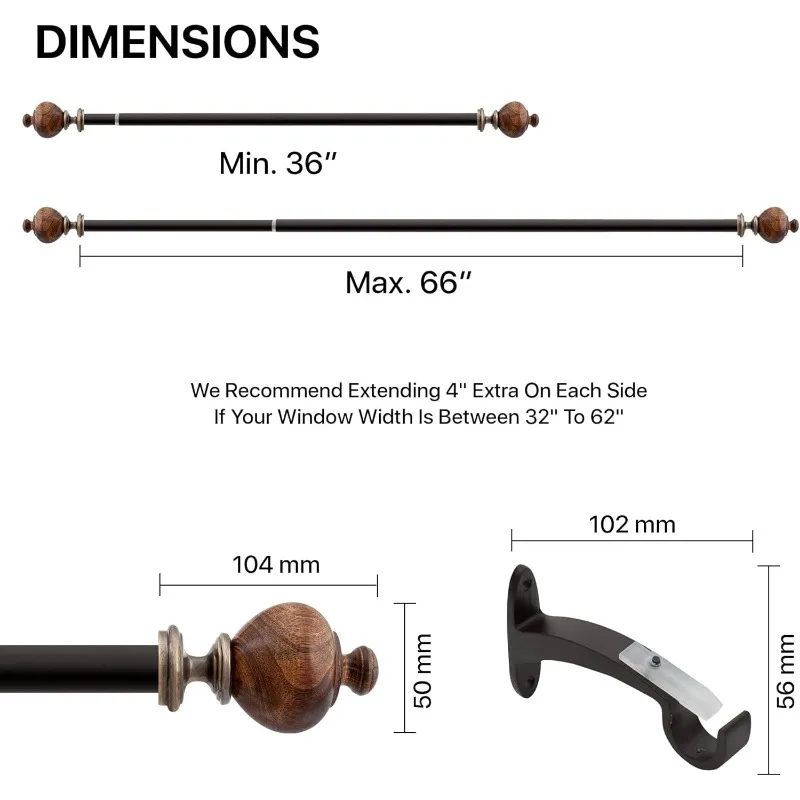調整可能なブラウンカーテンロッド 窓用 36～66インチ 高耐久 1インチ カーテンロッド 天然木製フィニアル付き
