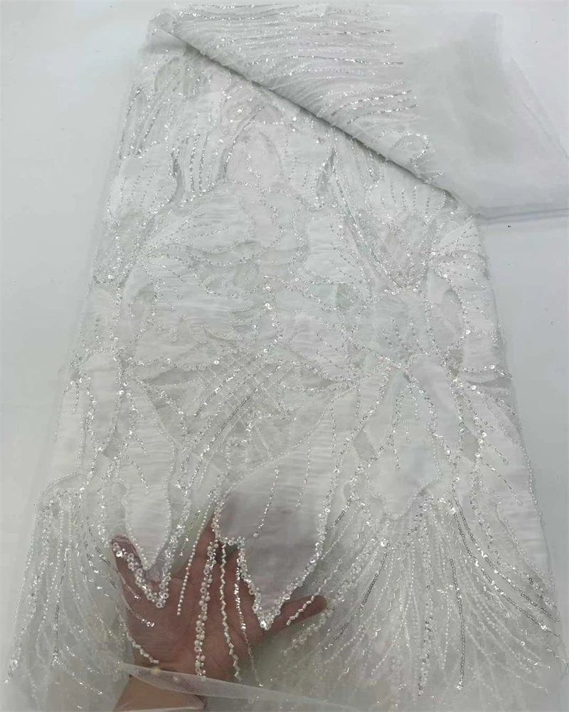 High Quality African Sequins Beaded Lace Fabric for Wedding Dress French Nigerian Style Embroidery Beadwork