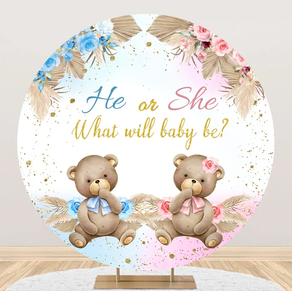 Boy or Girl Gender Reveal Round Backdrop For Photography Bear Elephant Baby Shower Birthday Party Circle Background Photo Studio