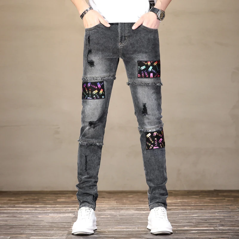 Jeans strappati da uomo stampa patch personalizzata cuciture a colori pantaloni da moto high street elasticizzati dritti slim