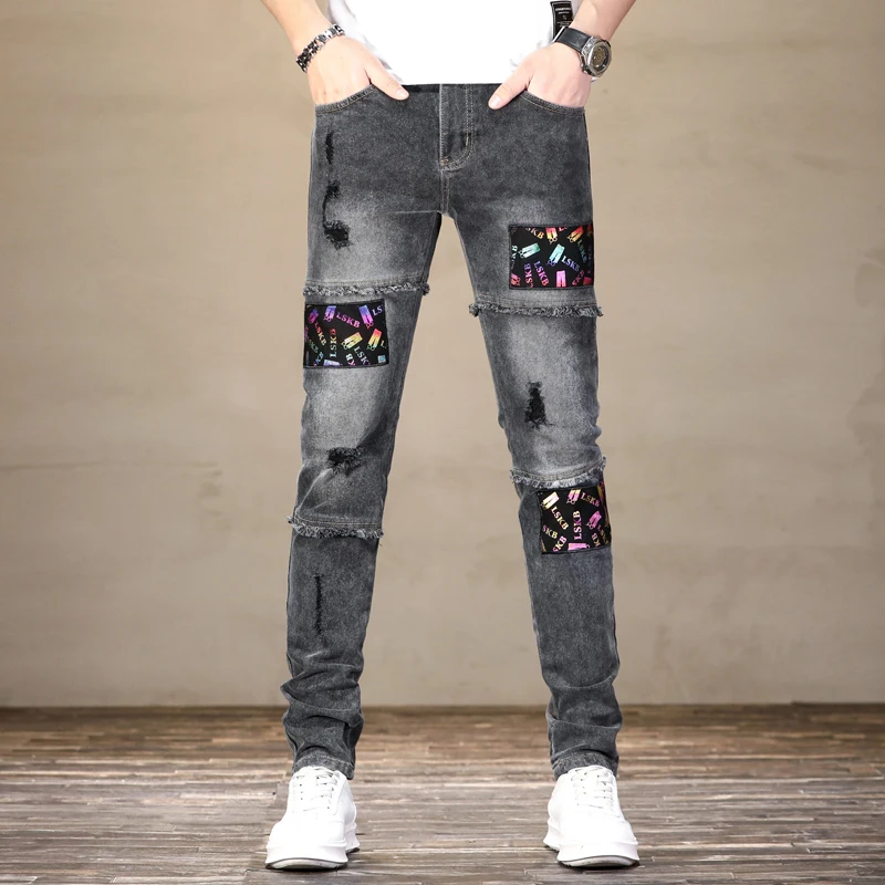 Men's ripped jeans personalized patch printing color stitching slim straight stretch high street motorcycle trousers