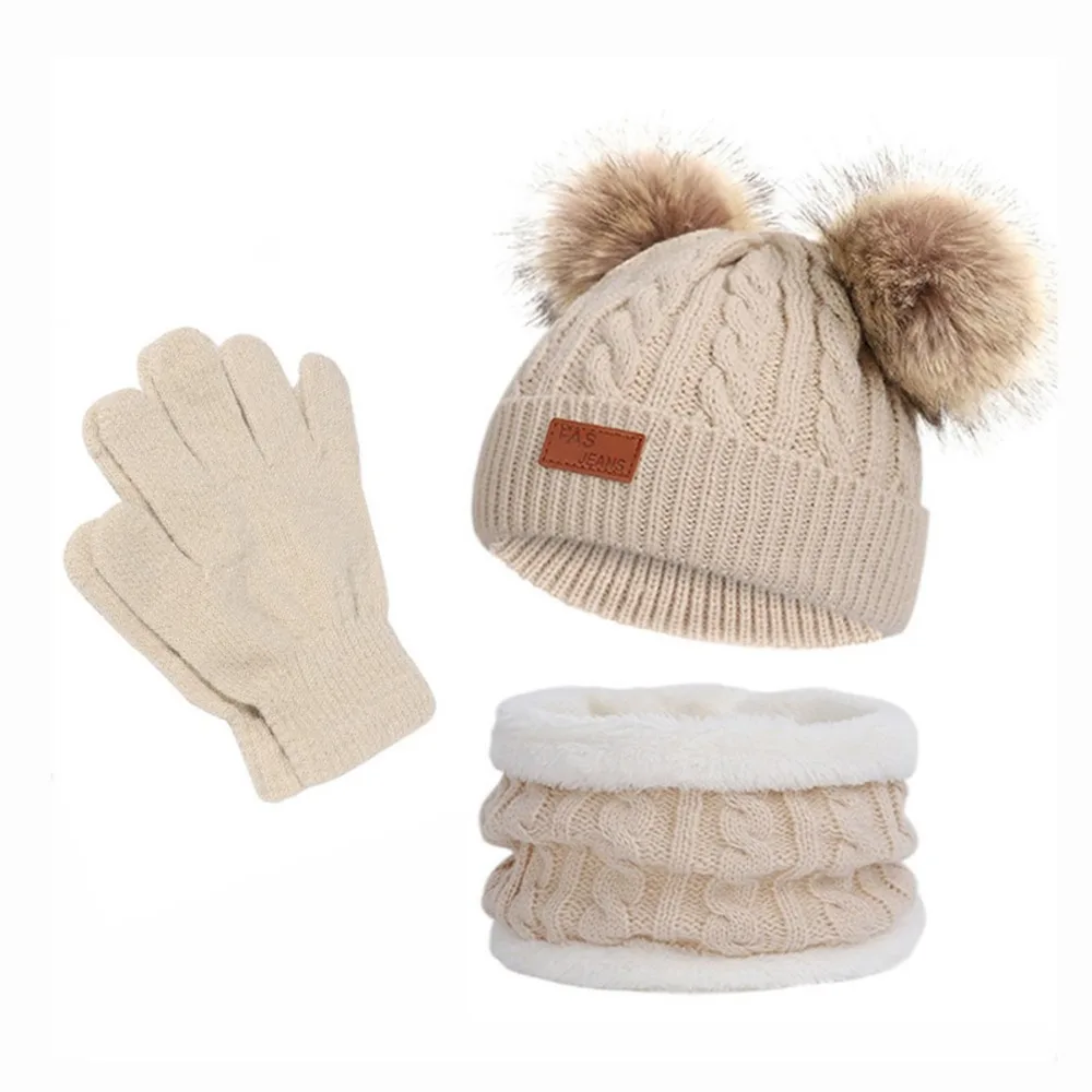 

Solid Color Baby Hat Scarf Gloves Set Windproof Warm Thicken Toddler Bonnet Knitted Beanie Pompom Infant Bonnet 1-5 Years