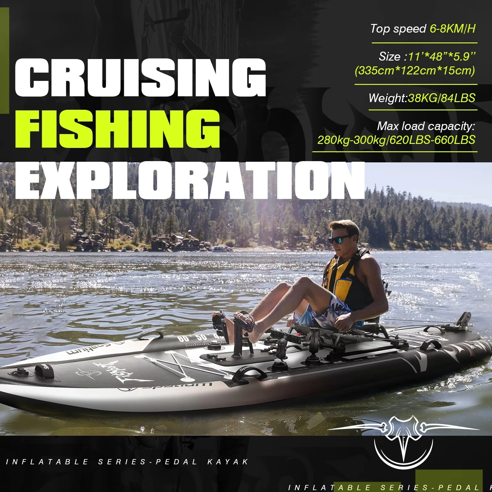 Single People 122widened Design for Stability Inflatable Fishing Pedal Kayak Lightweight Foldable Effortless for Fishing