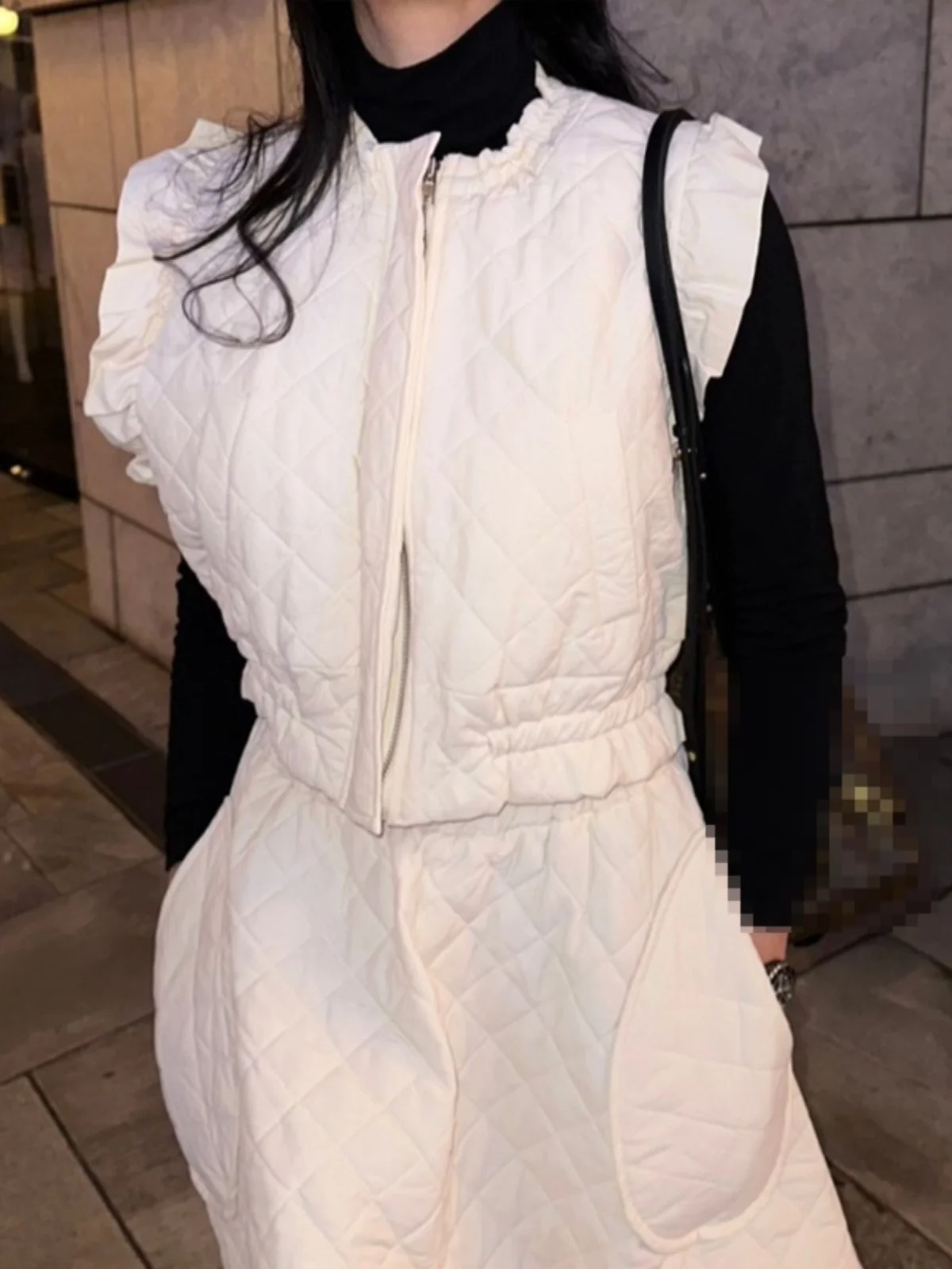 Winter Fashion High-End Diamond Plaid Cotton Vest Thickened Cotton Jacket Half Skirt Set with Wood Grain  Zipper round Neck