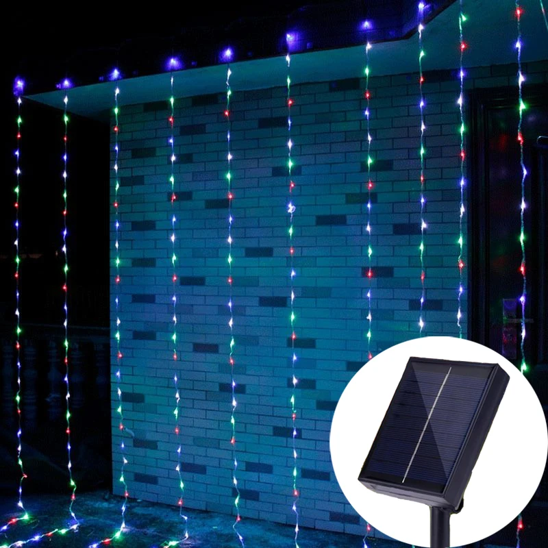 

1pc Solar Curtain Light LED Outdoor Wedding Decoration String Lights Yard Festival Christmas 300leds Fairy Garland String Lights