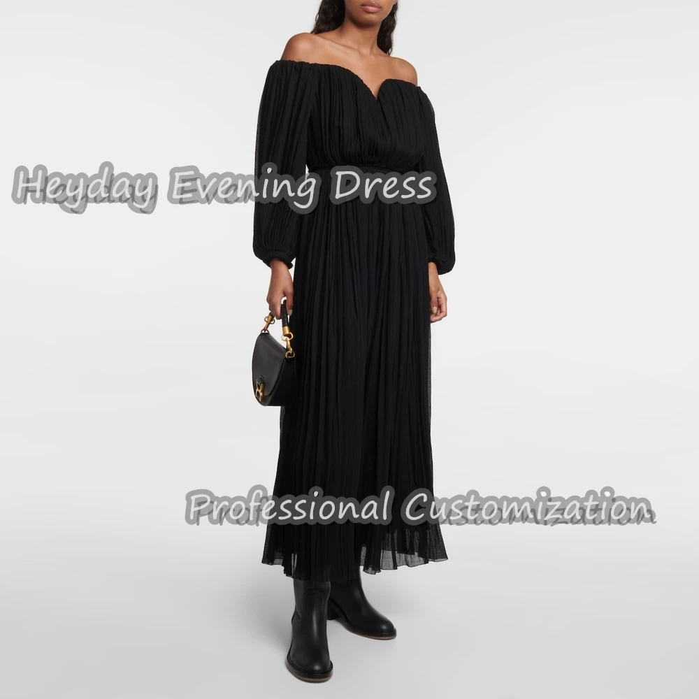 Heyday Off-the-shoulder Ruffle Saudi Arabia Long Sleeves A-Line Prom Gown Chiffon Ankle Length Elegant Evening For Women 2024