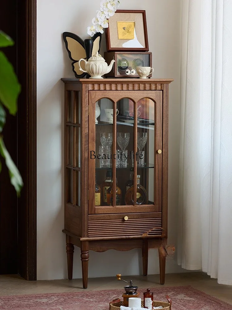 

LXAmerican all solid wood corner cabinet living room glass display black walnut side cabinetSSS