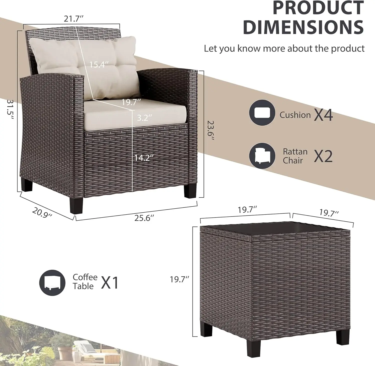 Outdoor Wicker Rattan Mobiliário Pátio Set, Cadeiras almofadadas, Pequeno Conversa Set, varanda frontal, 3 Pcs