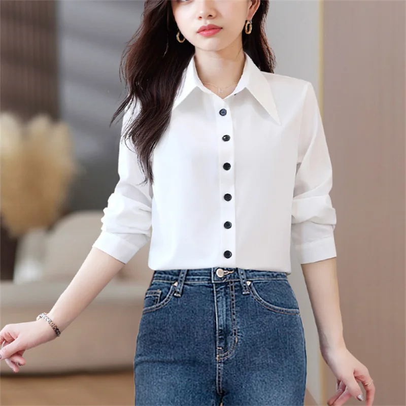 

White Shirt For Women Autumn Blouses Sharp Neck Temperament Top Office Ladies Shirt Professional Blous Button Up Female Blouse