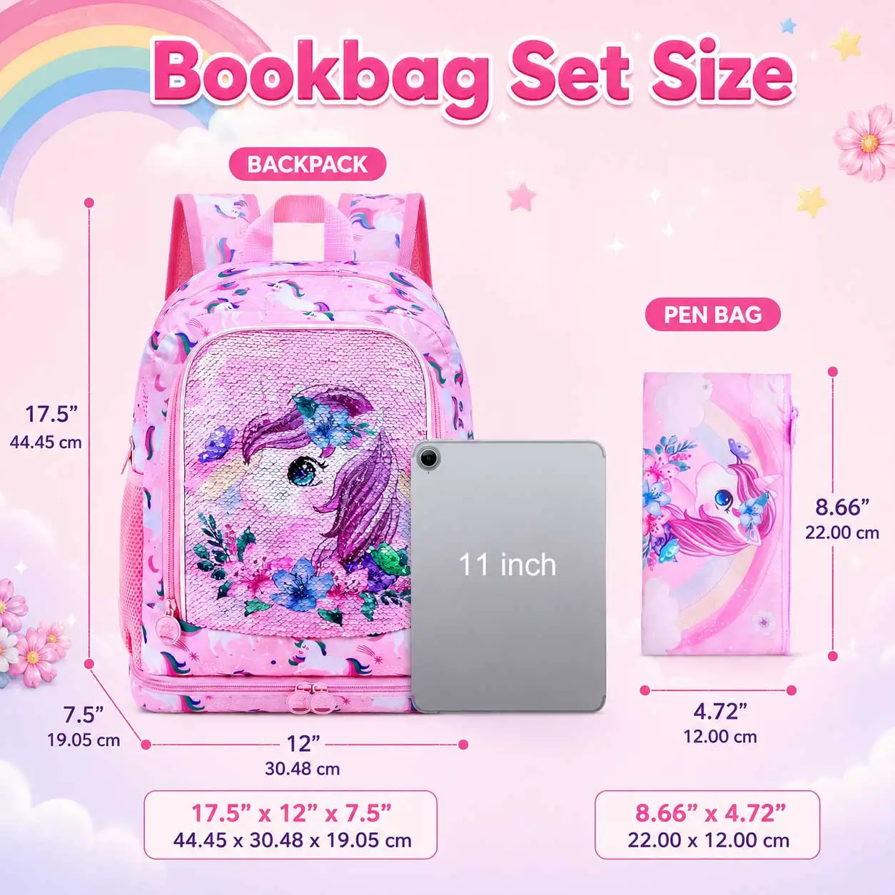 2PCS 2-In-1 Backpack Set, Sequin Unicorn Large Capacity Lightweight Set, One Backpack,One Pencil Case
